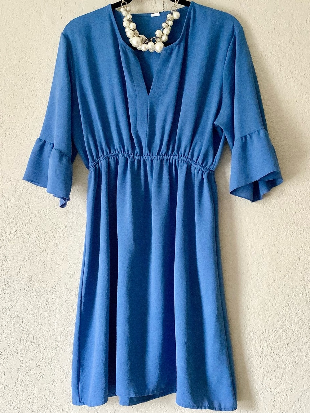 Blue V-Neck Elastic Waist Dress
